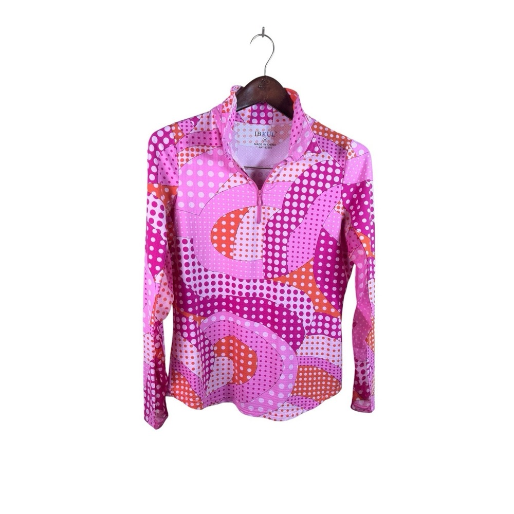 IBKUL Womens Long Sleeve Top M 1/4 Zip Mock Neck Pink Golf